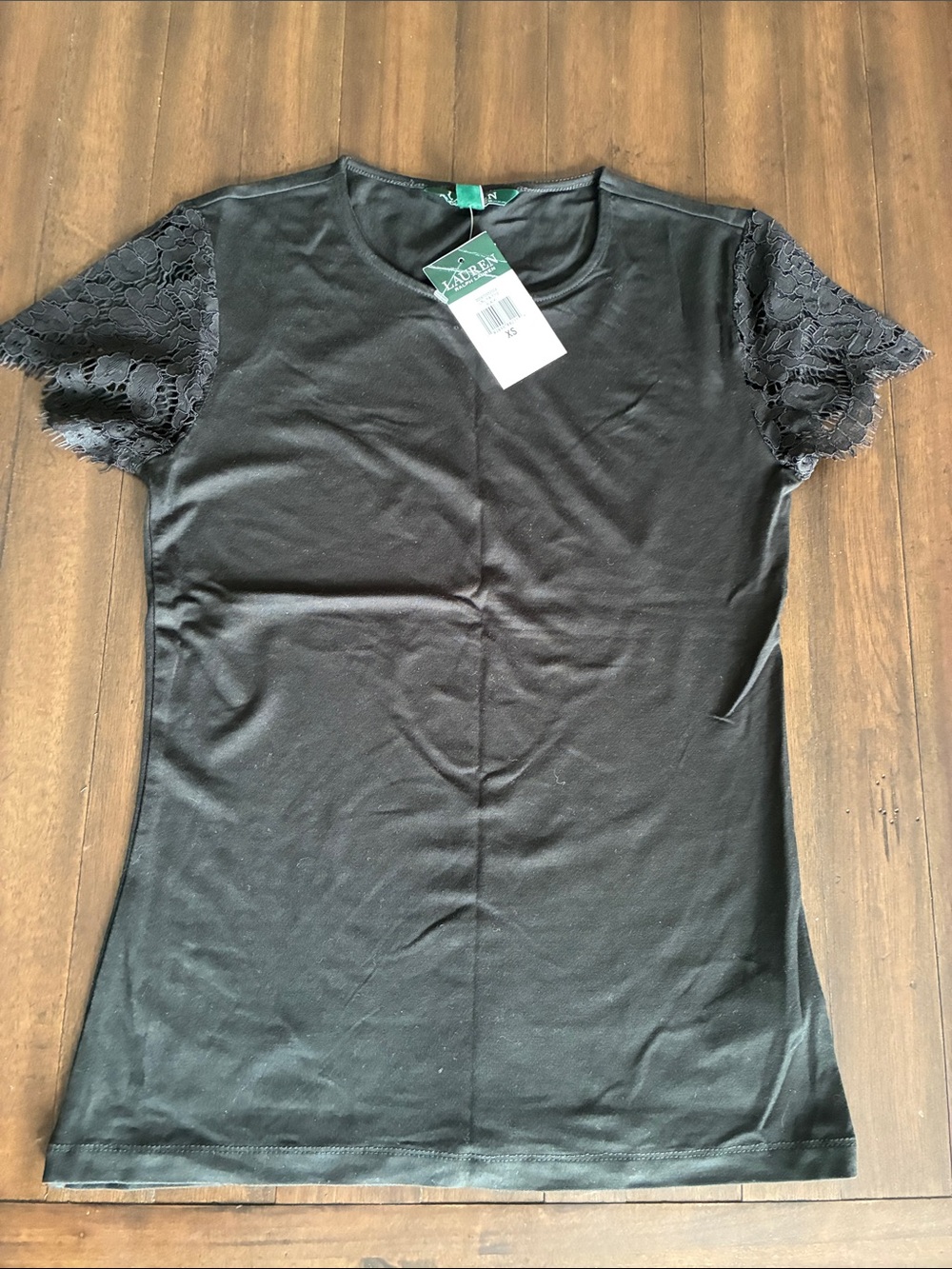Lauren Ralph Lauren Black Lace Sleeve Crewneck Tee